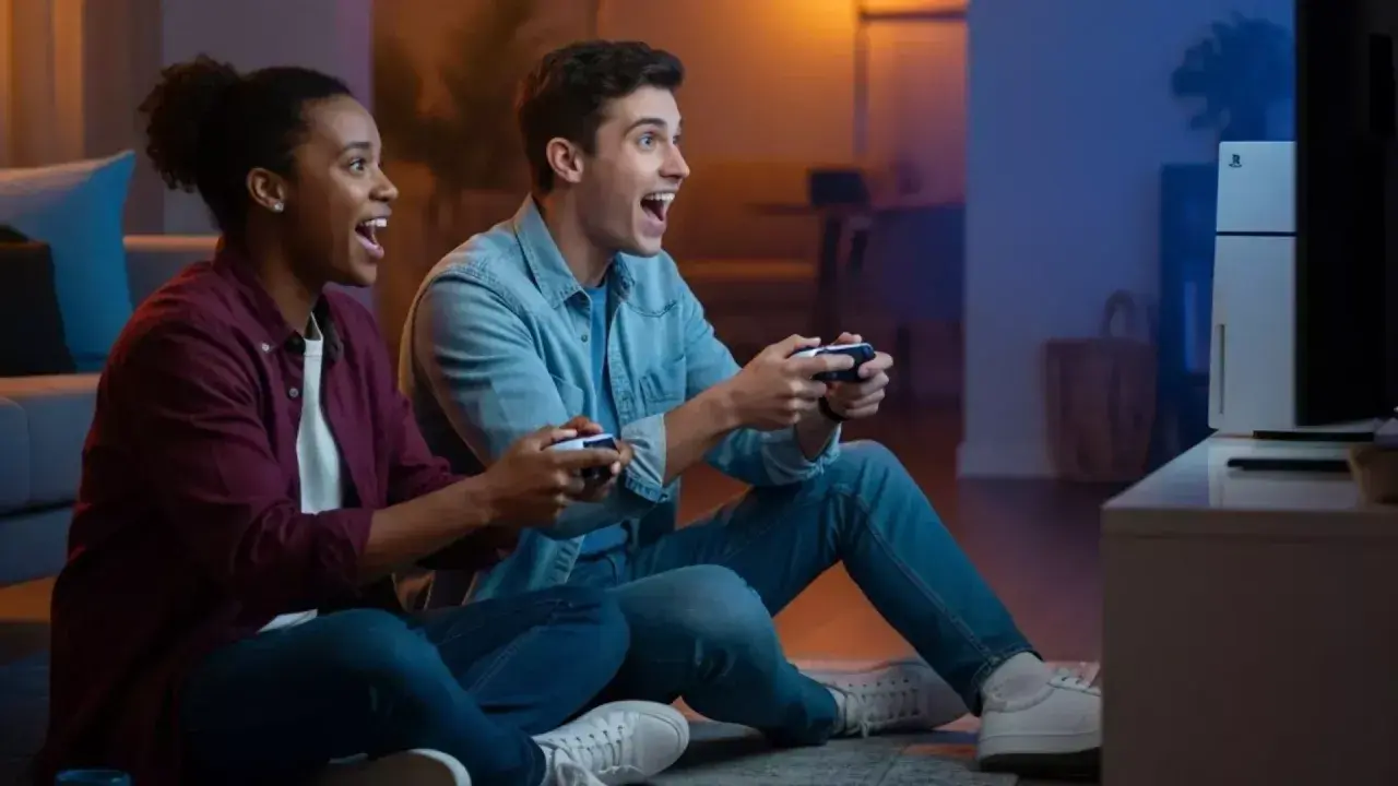 Coppia entusiasta gioca ai **giochi PS5 per 2 giocatori** sul divano, controller alla mano, immersi nell'azione.