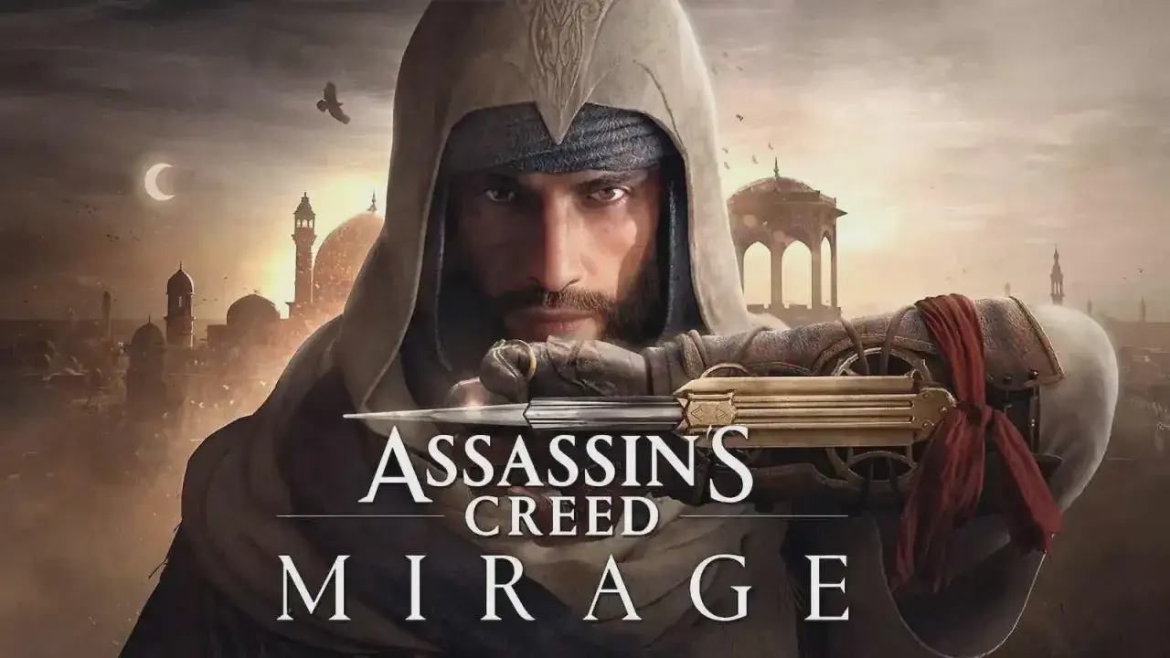 Assassin's Creed Mirage recensione: un assassino con lama nascosta e città sullo sfondo.