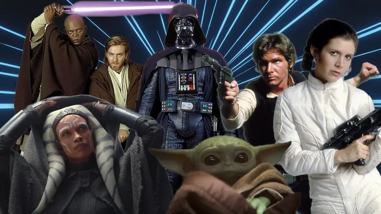 Un gruppo di eroi e cattivi di Star Wars, tra cui Darth Vader, Han Solo, Leia, Obi-Wan, Mace Windu, Ahsoka Tano e Grogu.