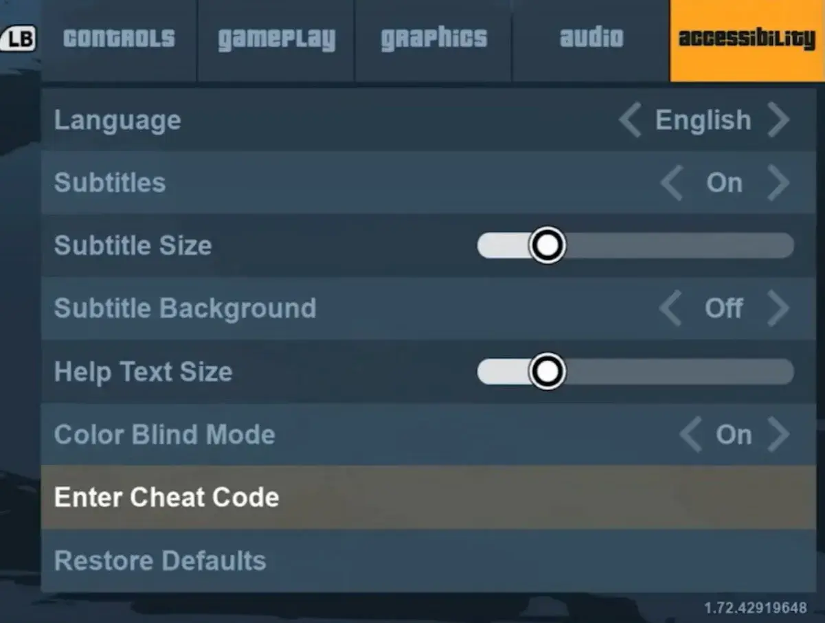 Menu impostazioni di GTA 3: opzioni accessibilità, con la voce "Inserisci codice" evidenziata, per usare i trucchi.