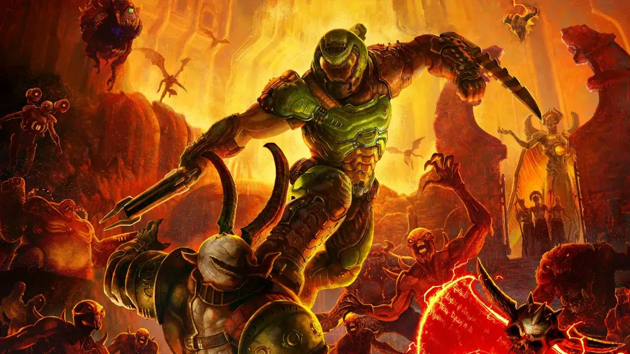 Il Doom Slayer combatte demoni infernali in un paesaggio apocalittico. Un'immagine perfetta per una doom eternal recensione.