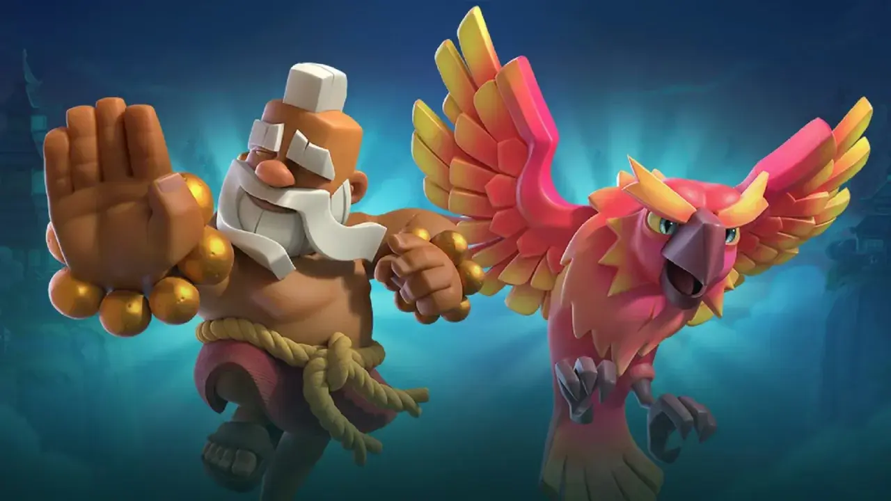 Un monaco con una mano alzata e un fenice fiammeggiante, due campioni di Clash Royale pronti alla battaglia.