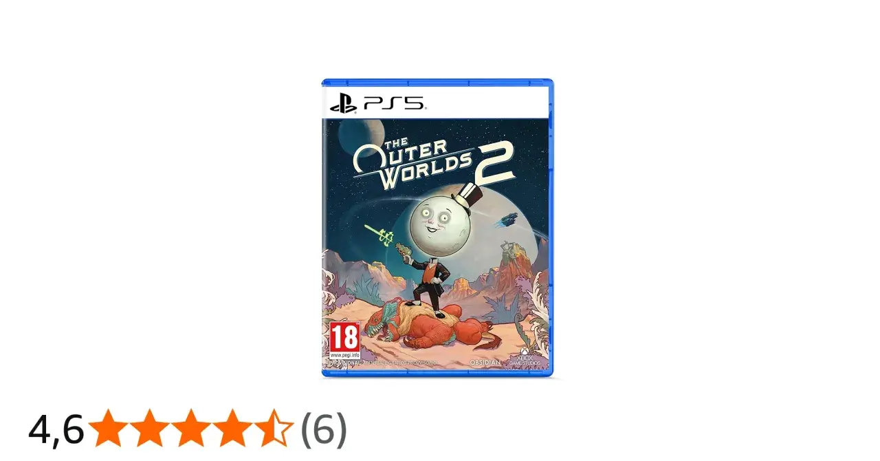 Copertina PS5 di The Outer Worlds 2, in attesa della release date. Un personaggio lunare con cilindro e un alieno rosso.