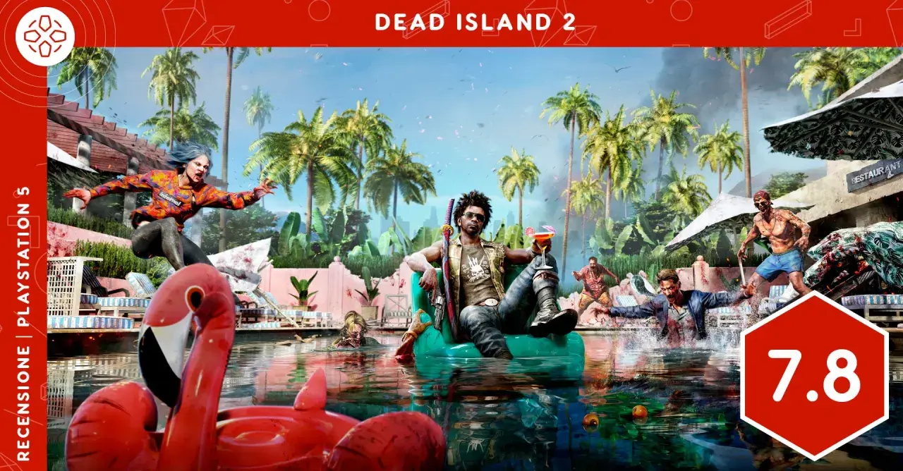 La recensione di Dead Island 2 mostra un'apocalisse zombie in una lussuosa villa con piscina, tra palme e un fenicottero gonfiabile.