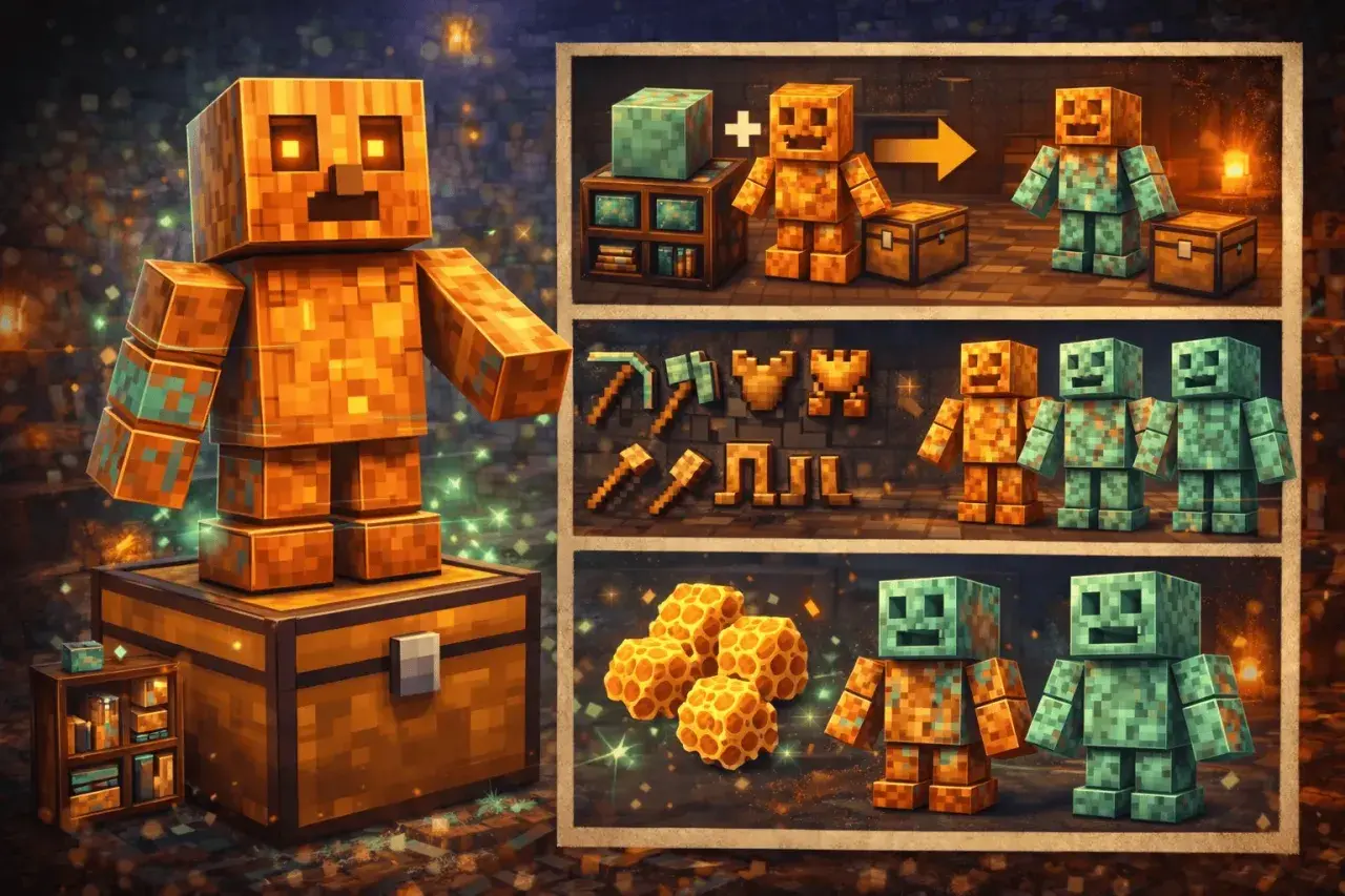 Un golem di rame di Minecraft, con dettagli scintillanti, accanto a casse e attrezzi. La sua trasformazione in rame ossidato è visibile.