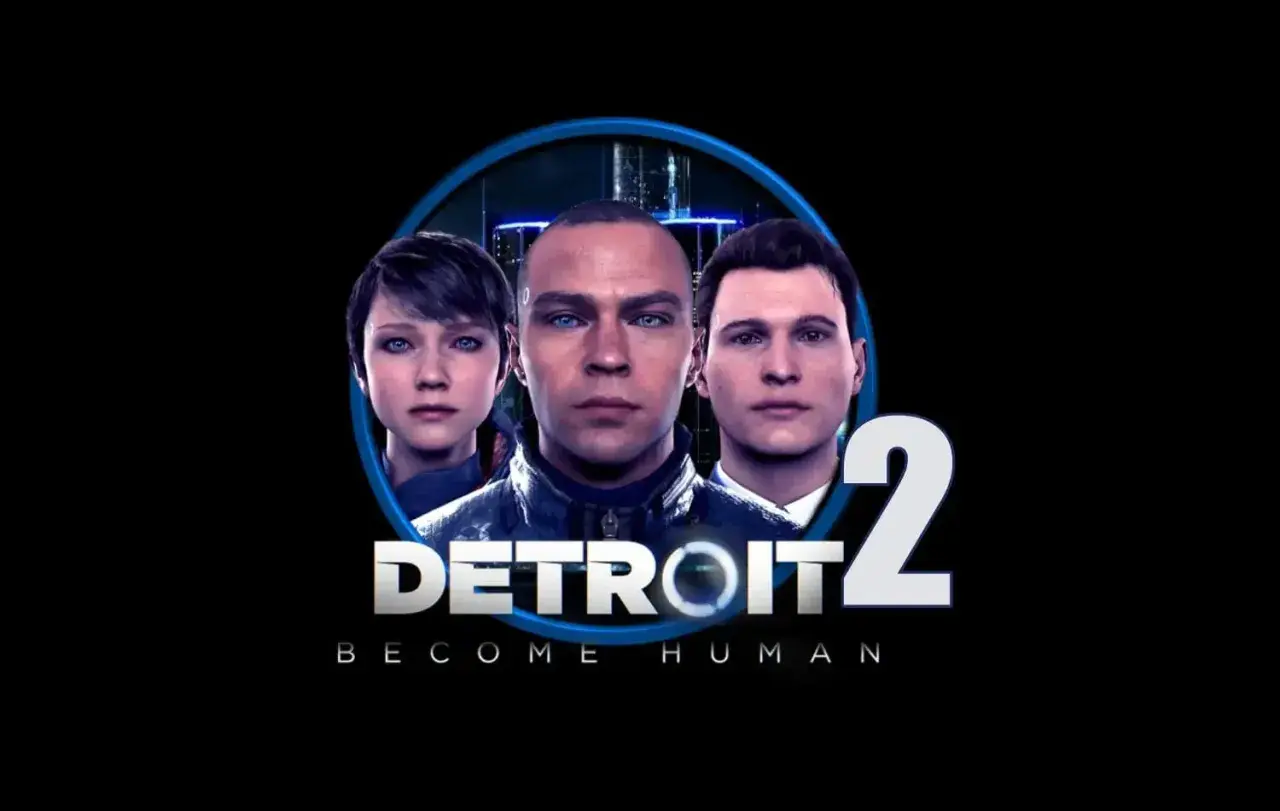 I volti di Kara, Connor e Markus emergono da un cerchio blu, con il logo "DETROIT BECOME HUMAN 2" in primo piano.