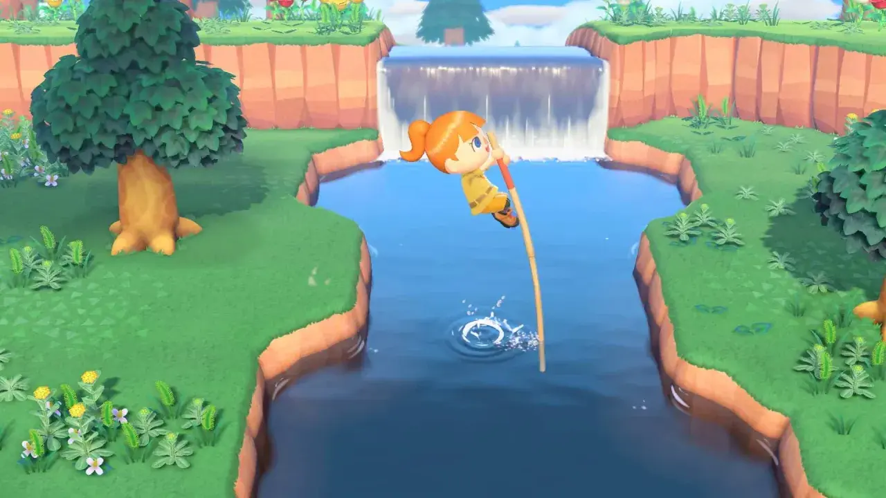 Personaggio salta un fiume con un bastone, mostrando come si gioca ad Animal Crossing.