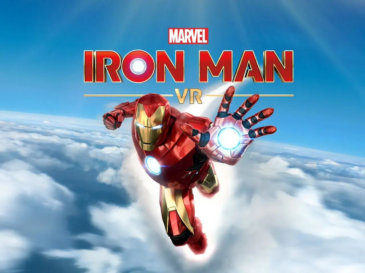 Iron Man in armatura rossa e oro vola tra le nuvole, pronto a lanciare un raggio repulsore. Il logo "Iron Man VR" è visibile, suggerendo un'esperienza di gioco per PS5.