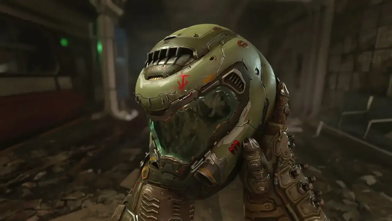 Il Doom Slayer indossa il suo iconico elmo verde, pronto per la battaglia. La nostra recensione di Doom Eternal ti dice tutto.