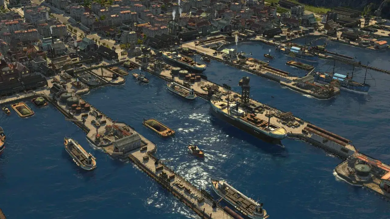 Vista aerea di un porto con navi e edifici, che ricorda un'anno 1800 recensione di un videogioco di strategia.