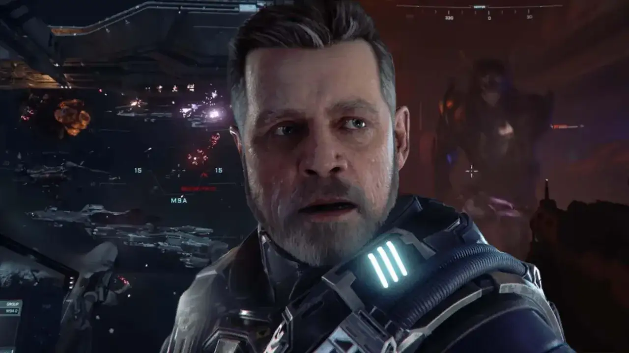 Un uomo con espressione preoccupata in una battaglia spaziale, un'anteprima di Star Citizen su PS5.