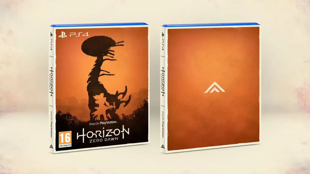 Custodia PS4 di Horizon Zero Dawn, uno dei migliori giochi PS4, con silhouette di Aloy e macchine su sfondo arancione.
