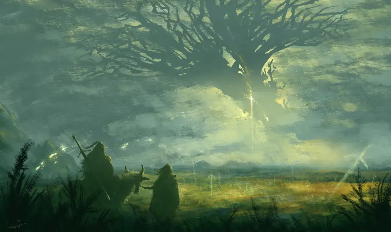 Due figure con un animale si muovono in un paesaggio nebbioso sotto un albero imponente, presagio di un Elden Ring DLC.