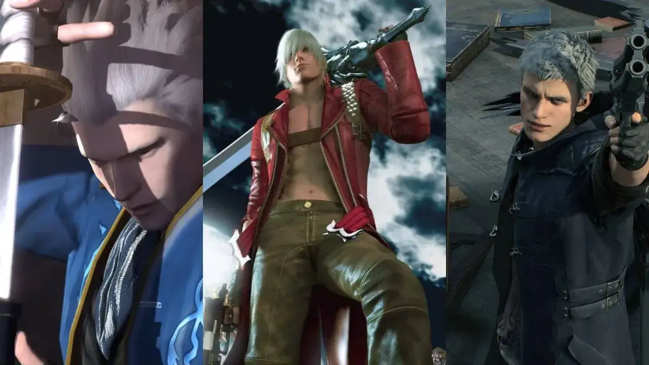 I tre protagonisti di Devil May Cry 5: Vergil, Dante e Nero, pronti all'azione con le loro armi iconiche.