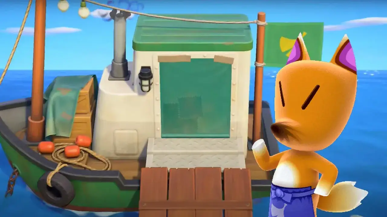 Il volpolo animal crossing saluta da una barca con un telo verde e casse.