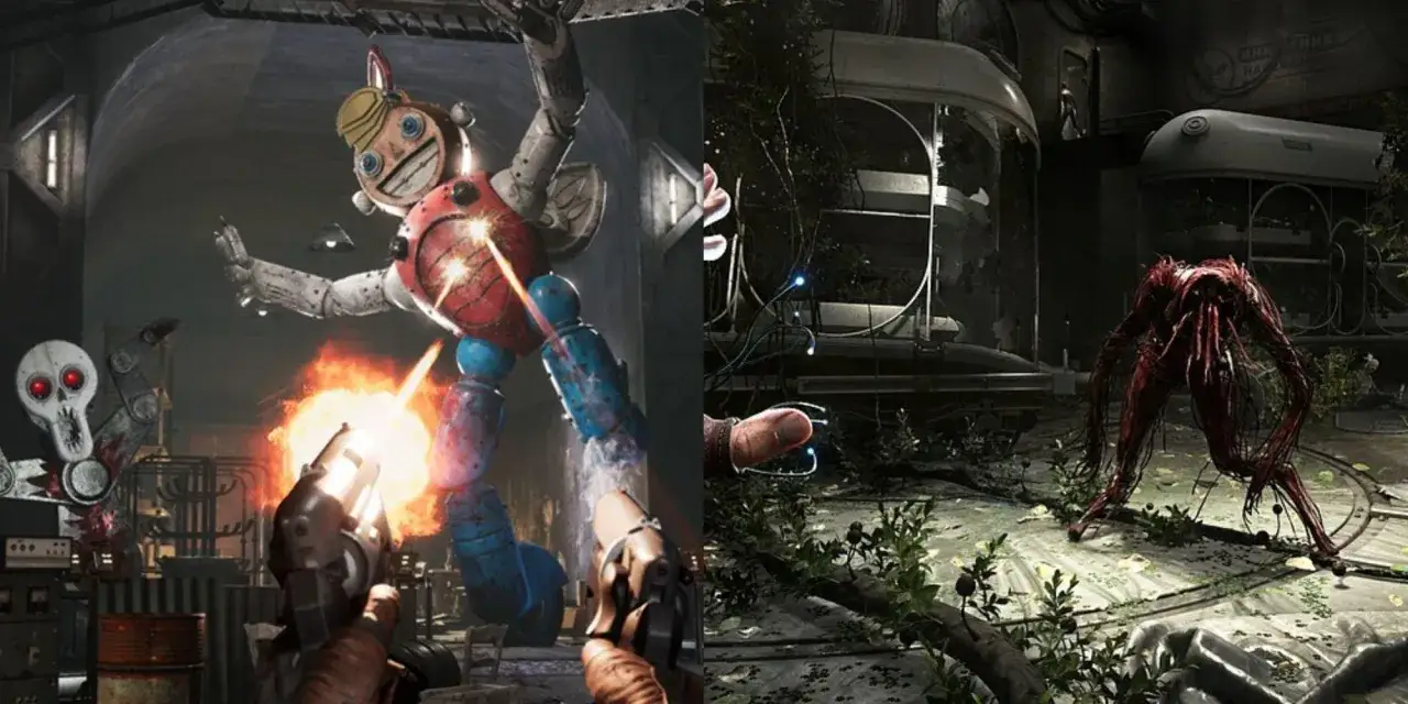 Combattimento intenso in Atomic Heart 2: un robot gigante e un mostro rosso affrontano il giocatore in un ambiente distopico.