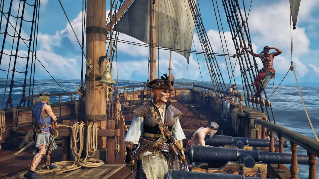 Equipaggio di pirati su una nave in mare aperto, pronti all'azione. Una recensione di Sea of Thieves che cattura l'essenza dell'avventura.