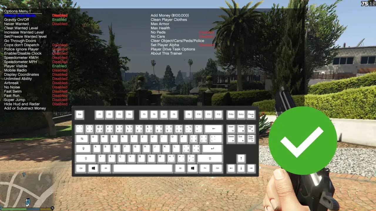 Menu di GTA 5 con opzioni per l'invincibilit&agrave; e altre modifiche. Una mano tiene una pistola, con un segno di spunta verde.
