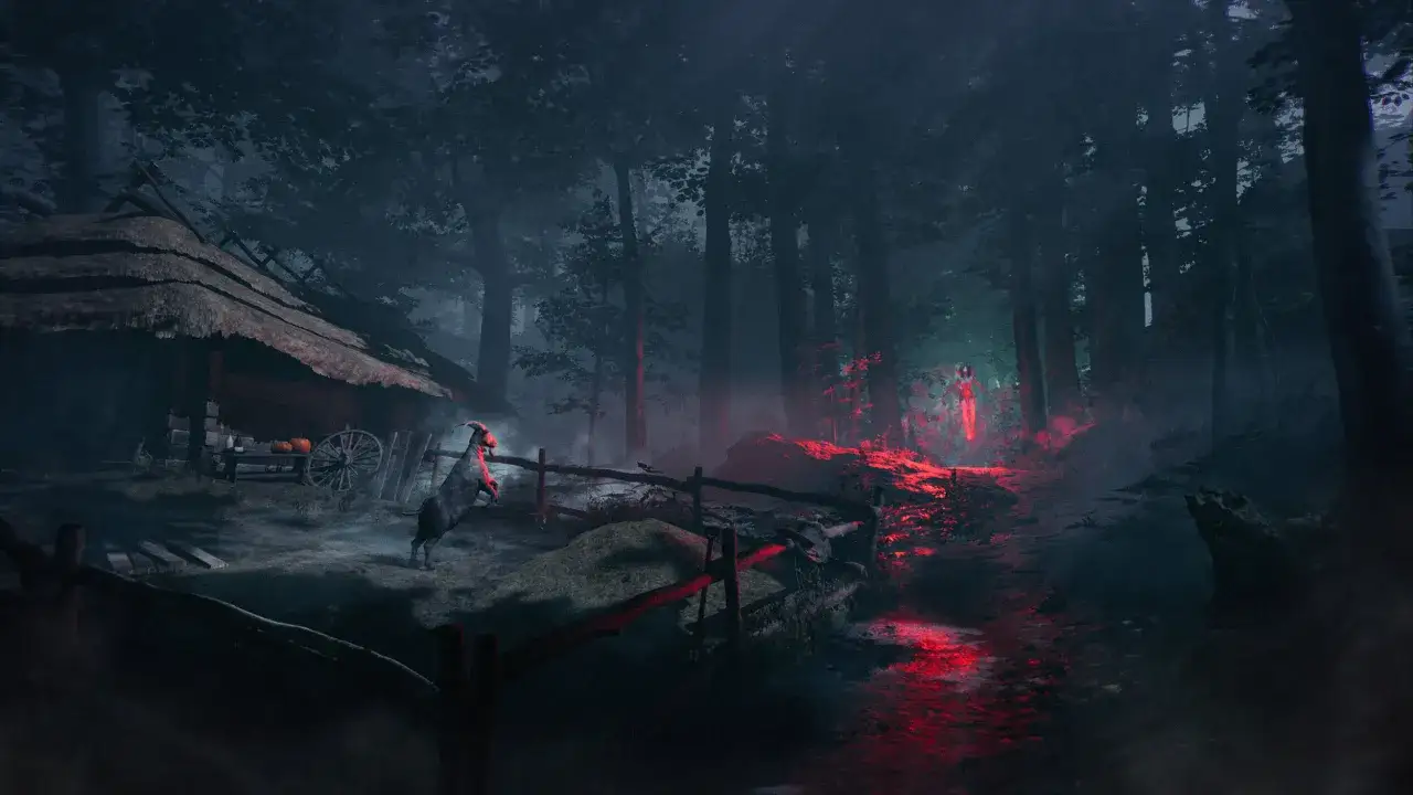 Una capra impennata vicino a una capanna nel bosco, illuminata da una luce rossa. In lontananza, una figura eterea, forse una hexe di Assassin's Creed, emana un bagliore inquietante.