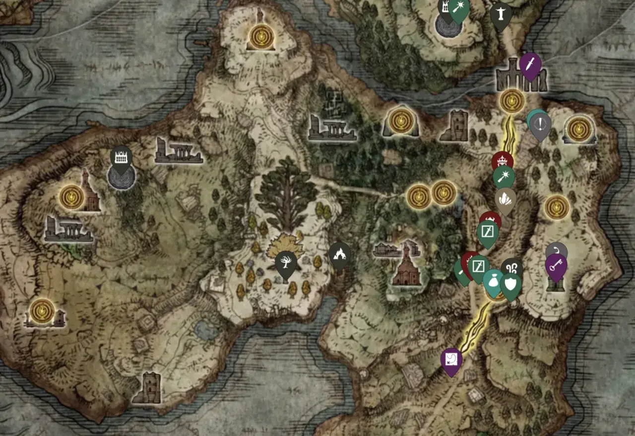 Mappa completa di Elden Ring con icone che indicano luoghi d'interesse, dungeon e punti di interesse.