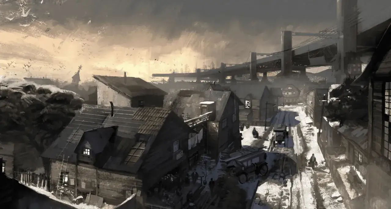 Un villaggio innevato sotto un cielo plumbeo, con un ponte imponente sullo sfondo. L'atmosfera evoca la lunga durata di un'indagine in Disco Elysium.