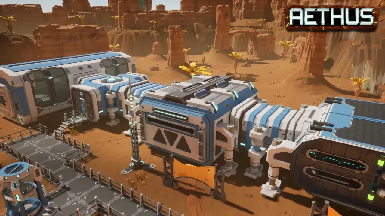 Base futuristica in un paesaggio desertico, parte di un gioco di sopravvivenza.