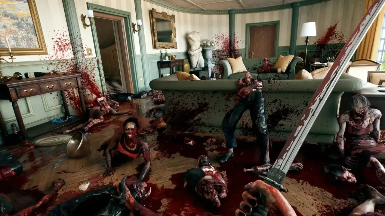 La scena di una dead island 2 recensione è cruenta: cadaveri e sangue ovunque in un lussuoso salotto.