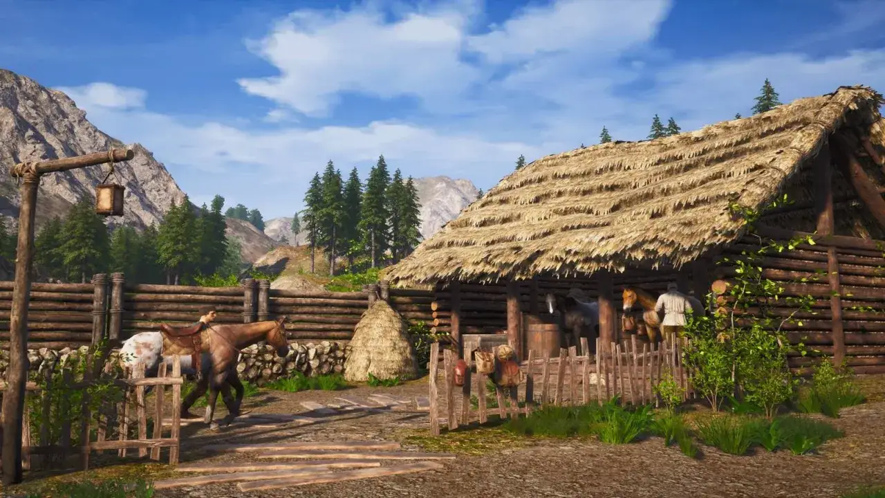 Scena di vita rurale in Medieval Dynasty, con cavalli e un contadino. Una recensione del gioco che cattura l'essenza della vita medievale.