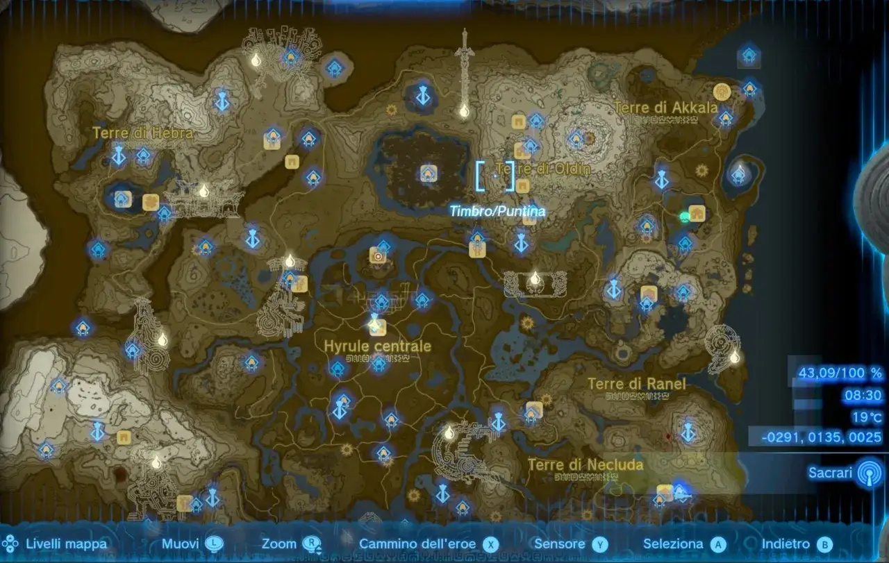 Mappa di Hyrule con icone di santuari e luoghi d'interesse, utile per la tua Zelda Tears of the Kingdom guida.
