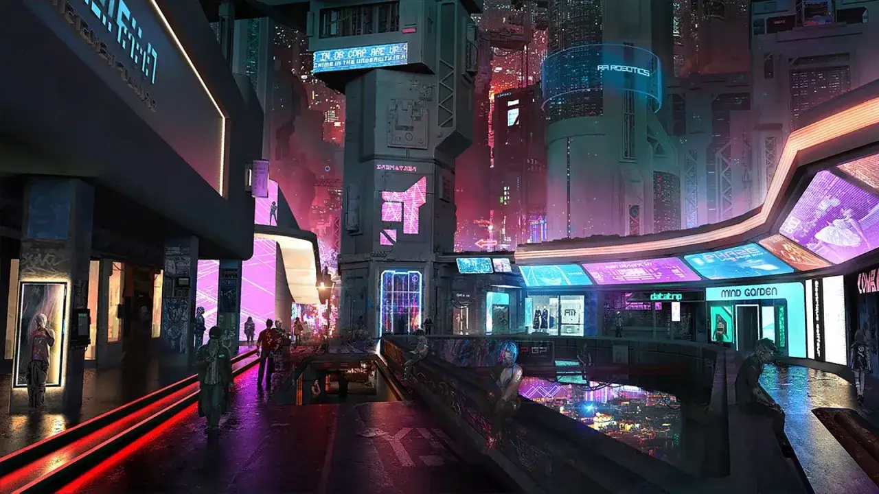 Scena cyberpunk notturna con insegne al neon e grattacieli. La recensione di 