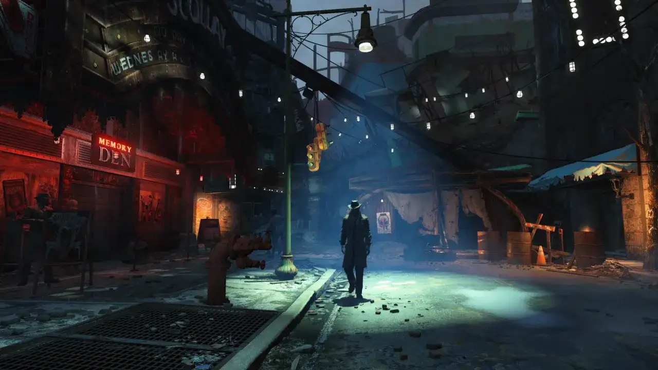 Un personaggio solitario cammina in una strada desolata, illuminata da luci al neon e lampioni. Sembra un'ambientazione di Fallout 4, forse dopo un aggiornamento.