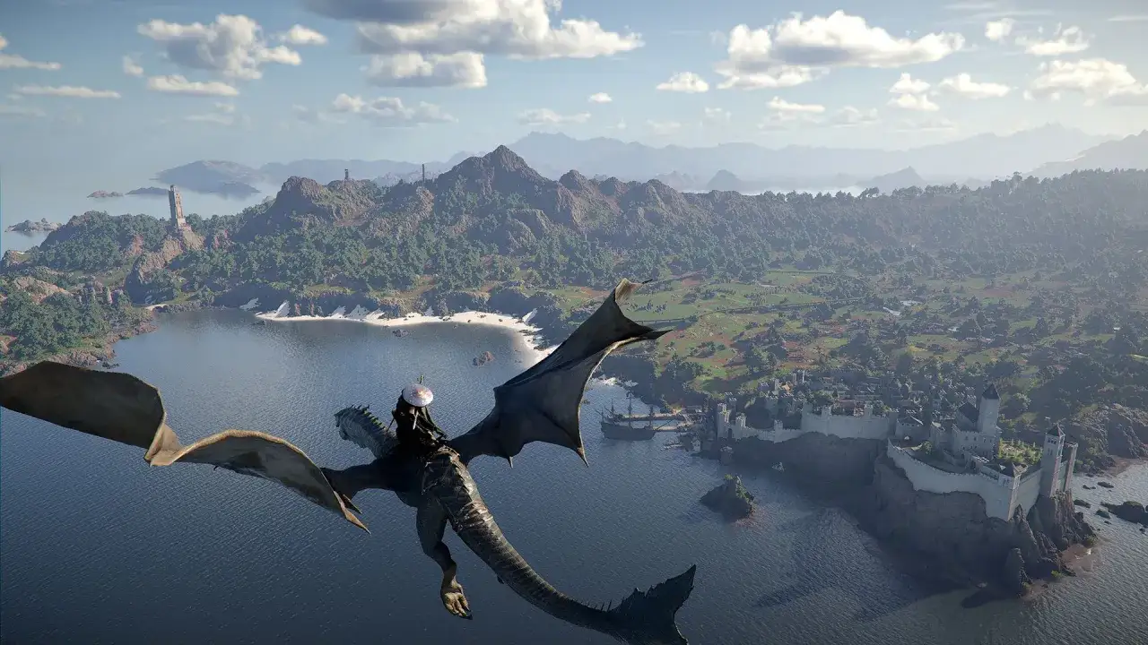 Cavaliere su un drago sorvola un paesaggio lussureggiante con un castello imponente, ricordando un crimson desert di leggende.