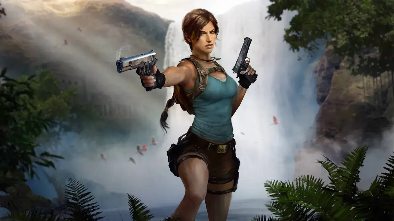 Lara Croft, pronta per la sua prossima avventura Tomb Raider, con pistole fumanti davanti a cascate e rovine.