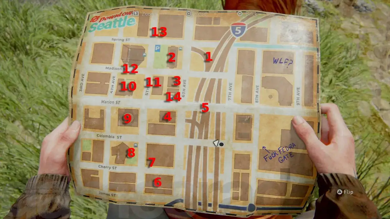 Mappa di Seattle con numeri rossi che indicano i collezionabili di The Last of Us 2. Si vedono strade, edifici e l'autostrada I-5.