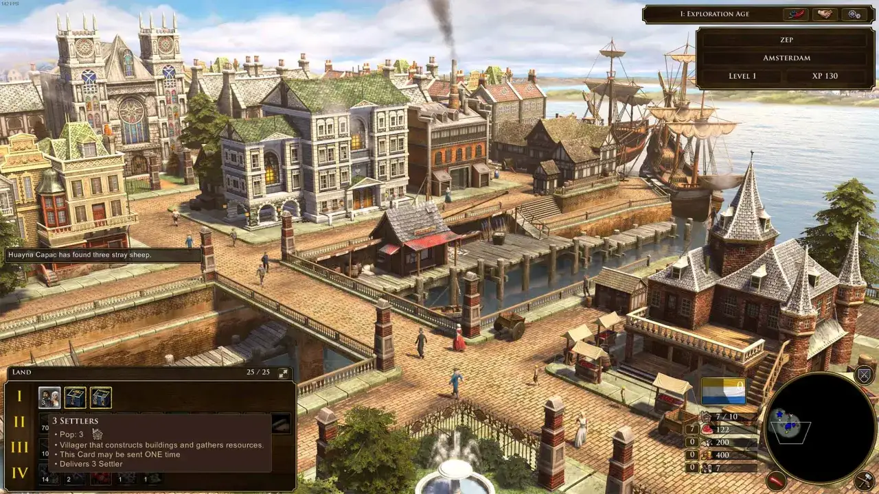 Schermata di Age of Empires 3: città portuale con edifici storici, navi e interfaccia di gioco. Trucchi per Age of Empires 3 attivi.