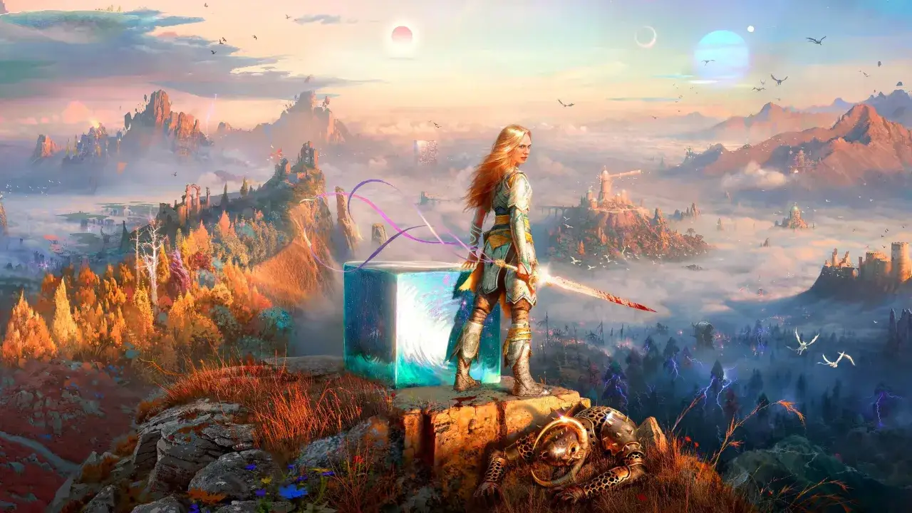 Guerriera bionda con spada, su un precipizio, con un cubo luminoso e un paesaggio fantastico. Sembra il prossimo God of War.