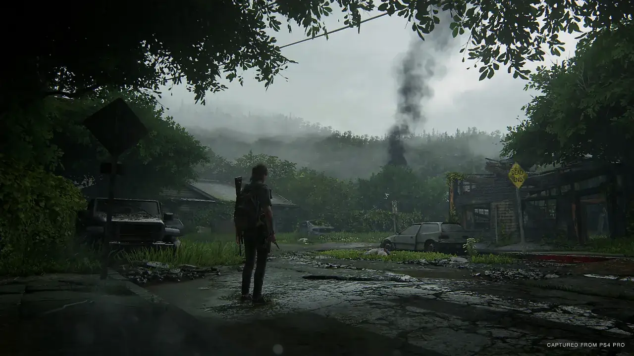 Ellie guarda un paesaggio post-apocalittico con fumo in lontananza. La recensione di The Last of Us 2 cattura l'atmosfera desolata.