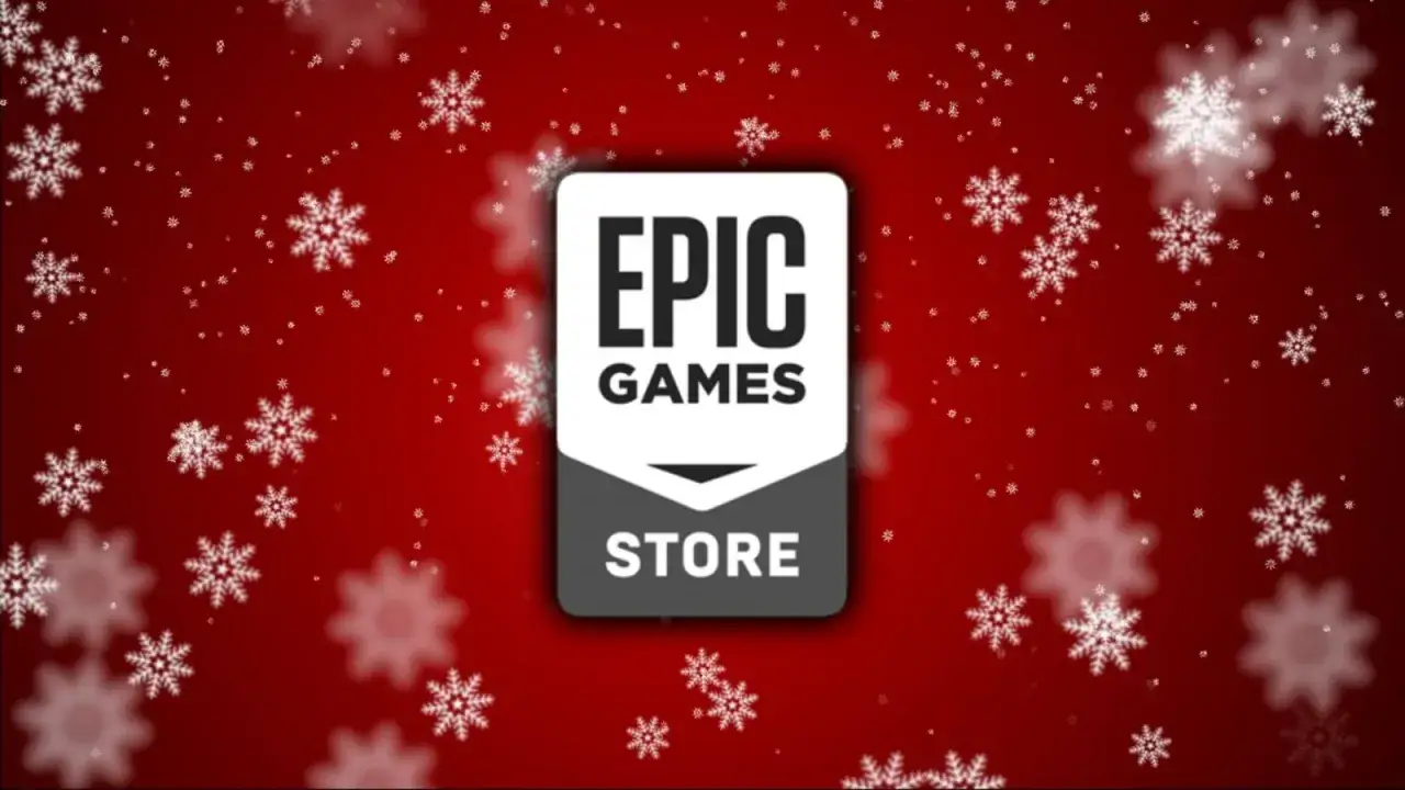 Logo Epic Games Store su sfondo rosso con fiocchi di neve. Un regalo speciale ti aspetta: epic games gioco gratis 24 dicembre!