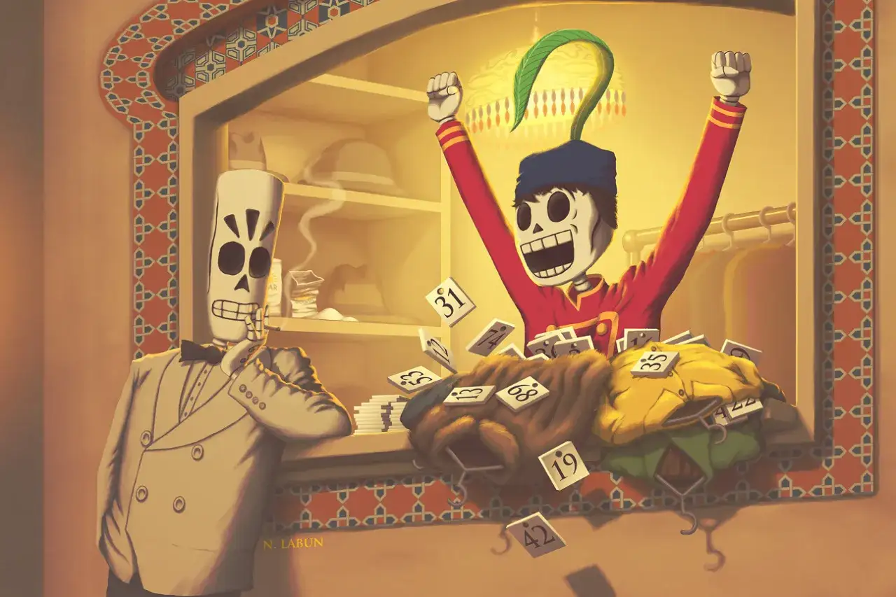 Due scheletri festeggiano, uno con un sigaro, l'altro in uniforme. Carte da gioco volano, forse la grim fandango soluzione &egrave; vicina!