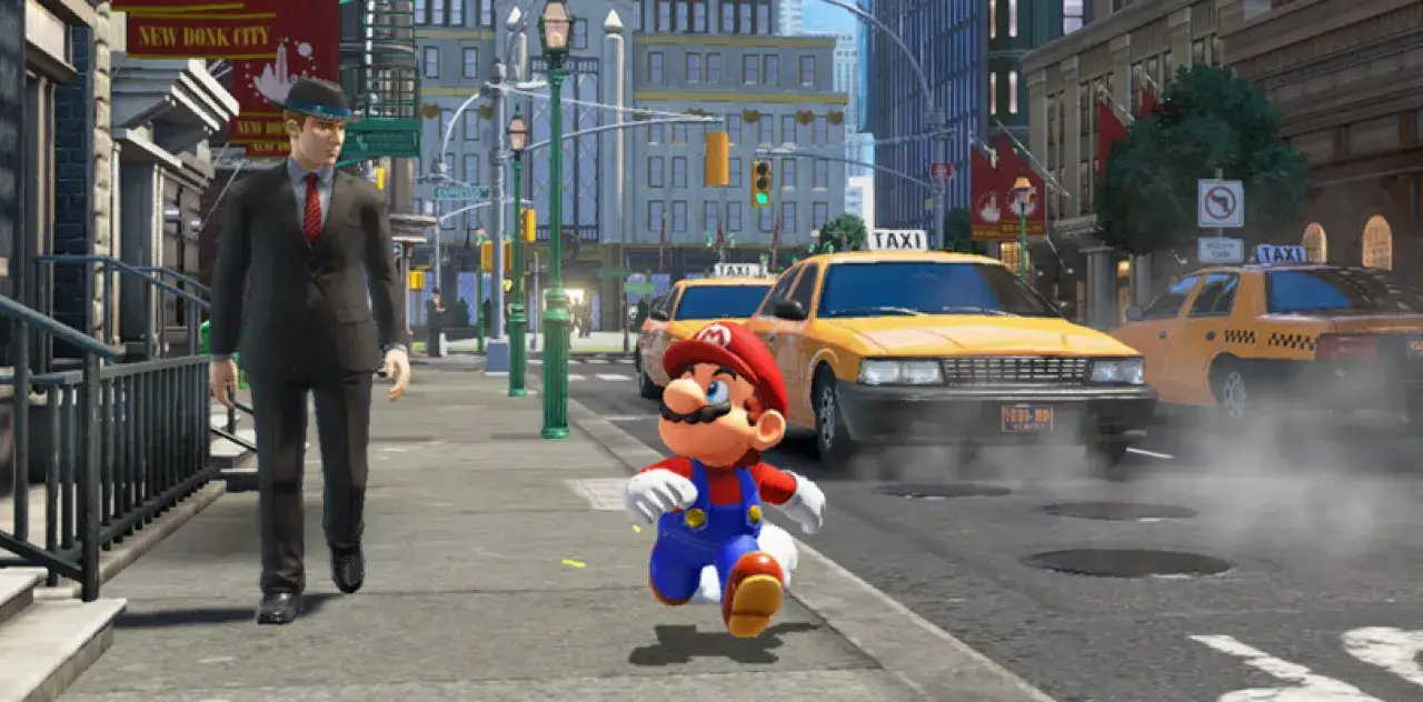 Mario corre per le strade di New Donk City, un'ambientazione che fa pensare a una super recensione di Super Mario Odyssey.