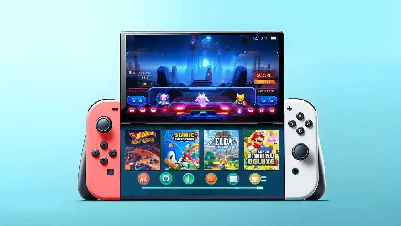Console Switch 2 con giochi come Mario, Zelda e Sonic.