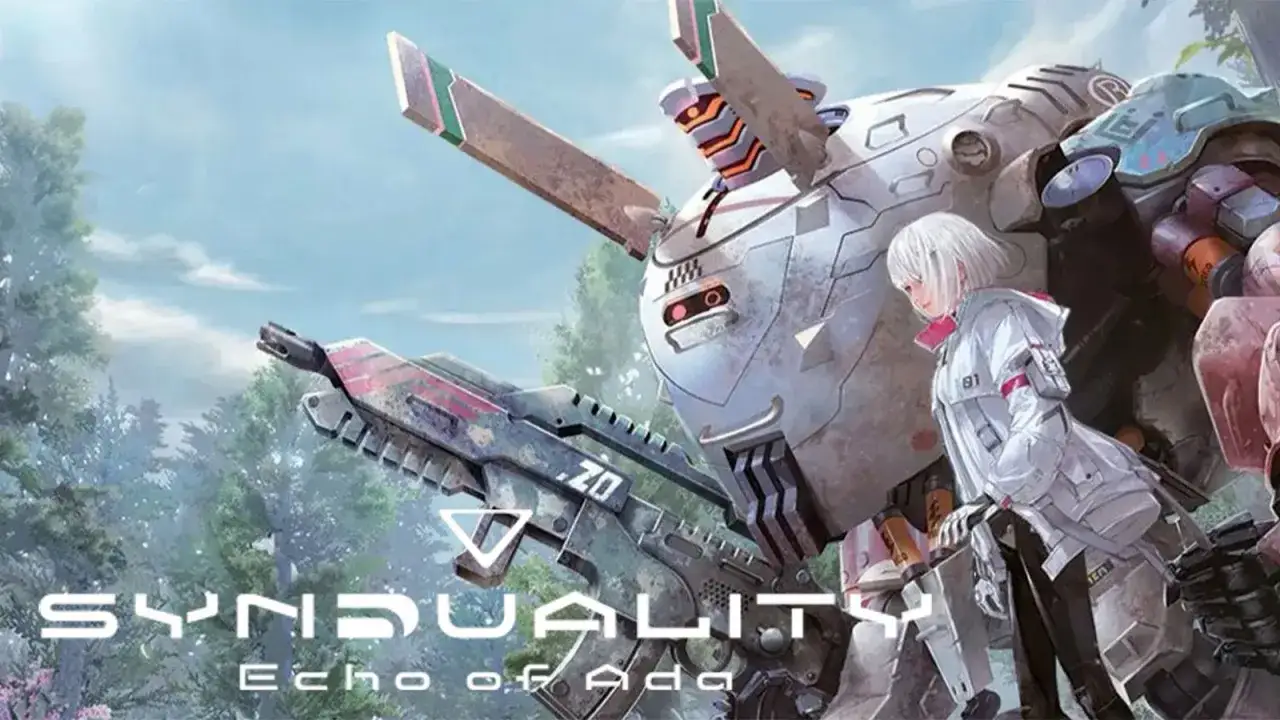 Ragazza con capelli bianchi accanto a un robot gigante, con un'arma futuristica. Synduality Echo of Ada.