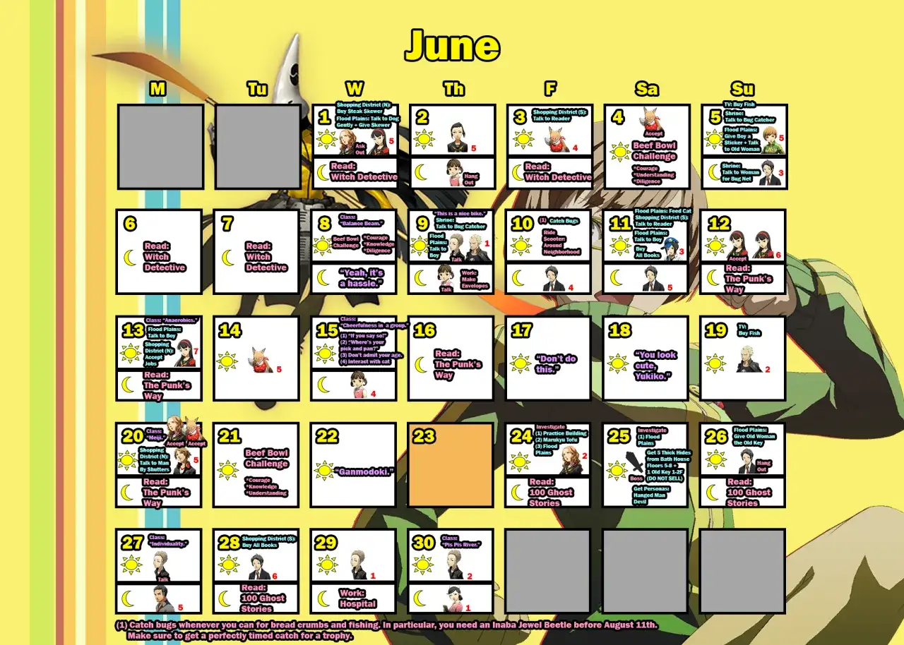 Calendario di giugno con attivit&agrave; per i persona 4 golden social links: sfide, lezioni e letture.