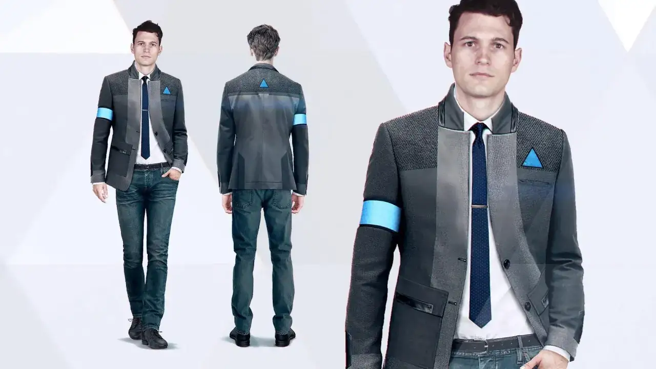 Connor, l'androide di Detroit: Become Human 2, in completo grigio con fascia blu sul braccio.