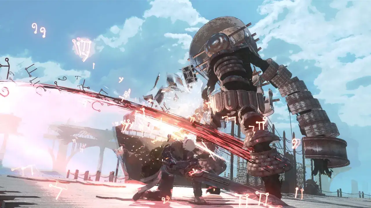 Un eroe combatte un gigante meccanico in una scena epica, come in una nier replicant recensione. Magia e acciaio si scontrano sotto un cielo nuvoloso.
