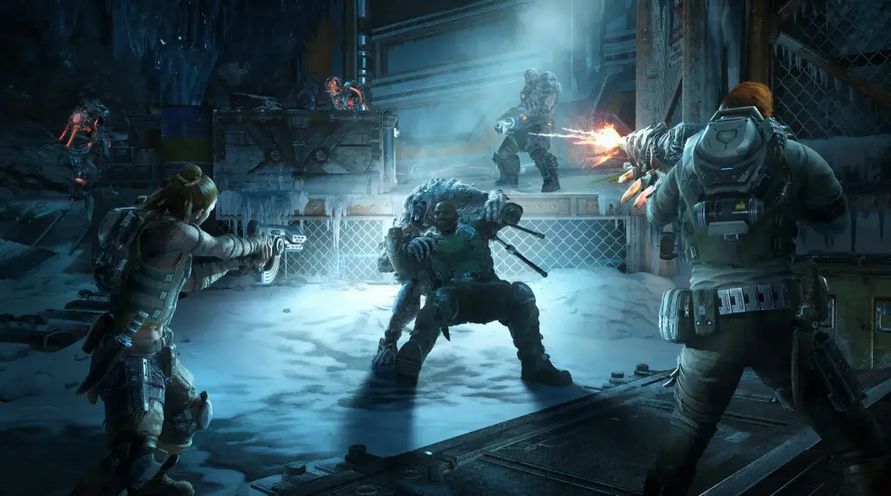 Combattimento intenso in un ambiente ghiacciato, con soldati che sparano a creature mostruose. Una scena che cattura l'essenza di Gears 5 recensione.