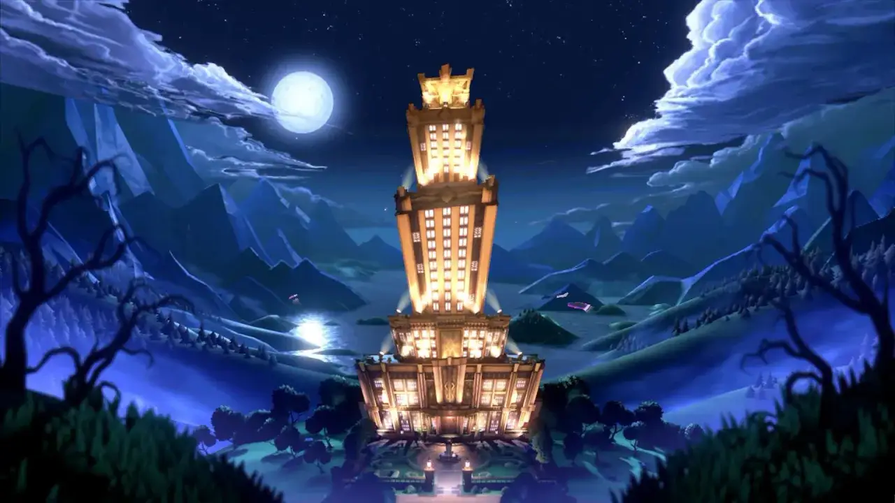 Torre maestosa illuminata nella notte, circondata da montagne e acqua. La luigi mansion 3 soluzione &egrave; qui!