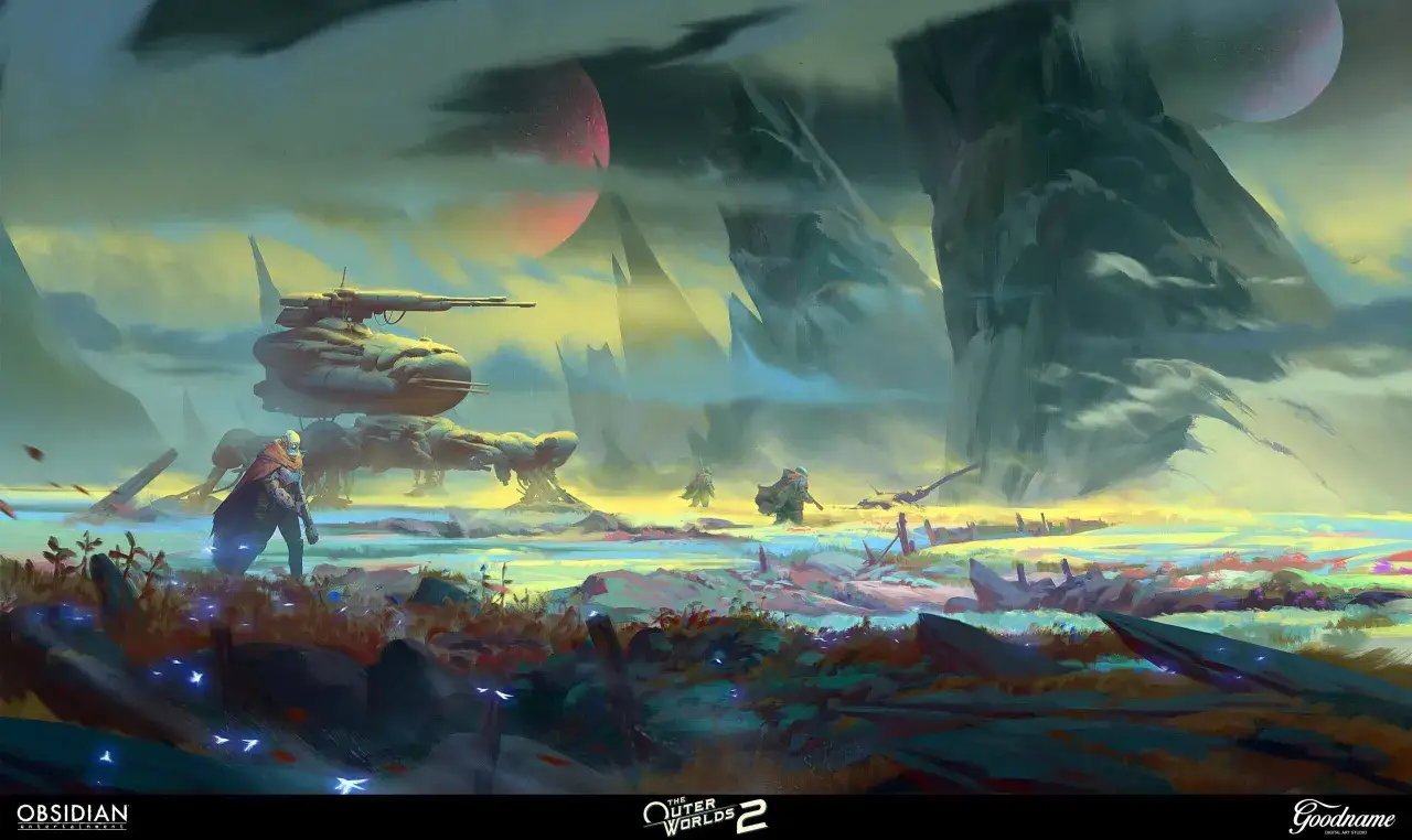 Un personaggio solitario esplora un paesaggio alieno con due lune, in attesa della release date di The Outer Worlds 2.