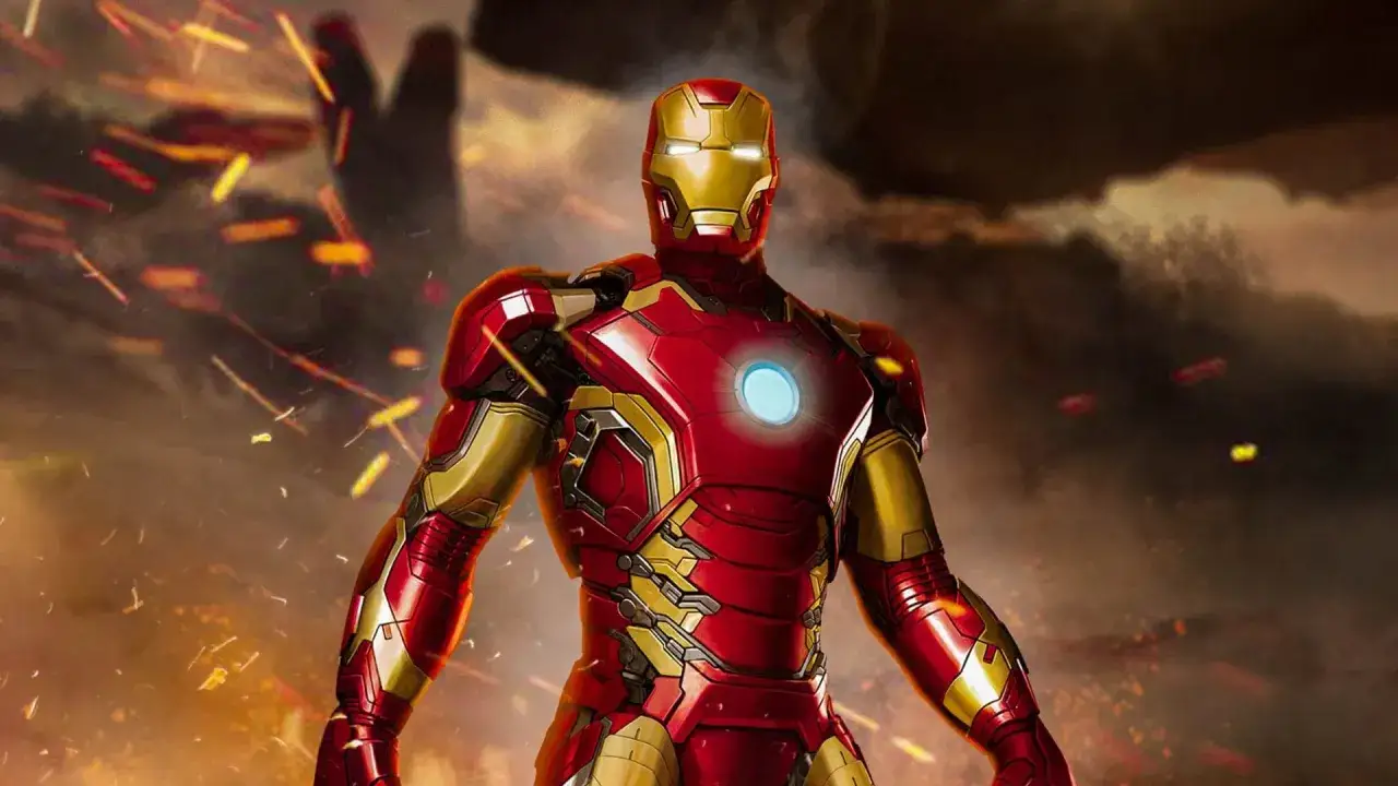 Iron Man in armatura rossa e oro, pronto per la battaglia. Immagine ispirata a Iron Man PS5.
