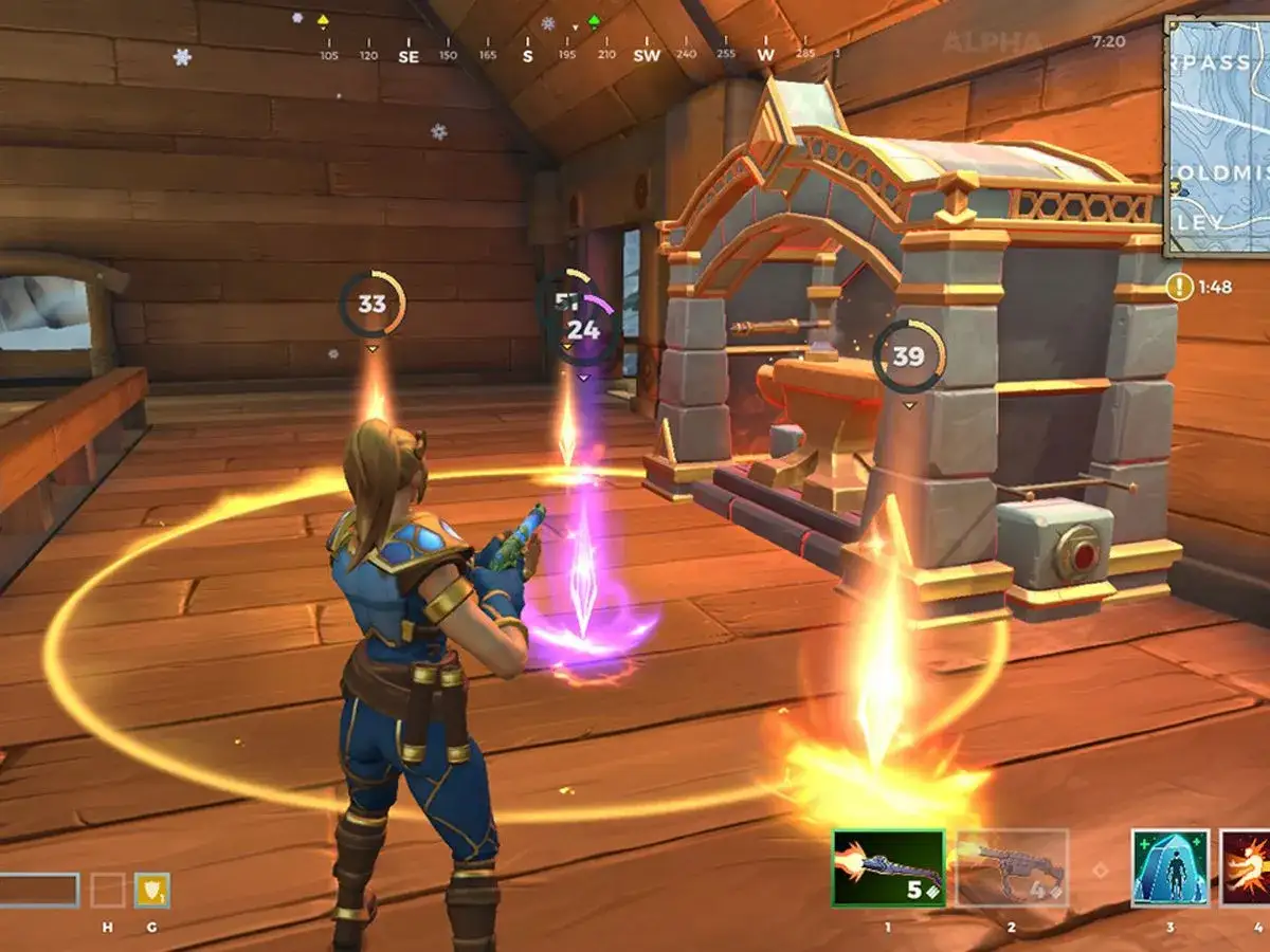 Personaggio in un gioco d'azione, con elementi che ricordano i giochi simili a Fortnite, si prepara a combattere vicino a un'incudine magica.